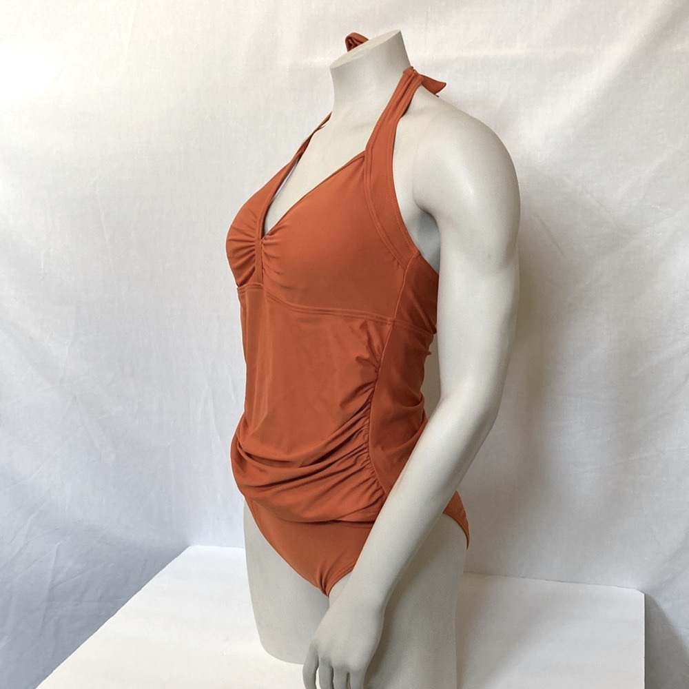 Burnt Orange Halter Swimsuit Tankini Top & Mid Rise Bikini Bottom Size Medium - Picture 4 of 7